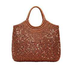 Woven brown handbag in bohemian style with intricate details  isolate