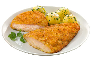 prato com filé de peito de frango empanado acompanhado de batatas cozidas com ervas isolado em...