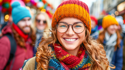 Smiling woman with curly hair wearing colorful winter hat and scarf in festive outdoor setting