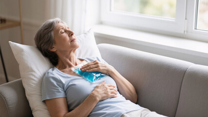 Mature woman lying on a couch using cold gel pack to ease hot flashes – home solution for hormonal discomfort in perimenopause

