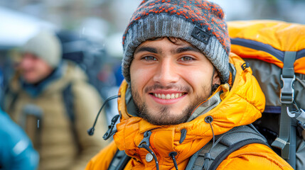 Smiling young man in bright orange jacket with backpack in snowy outdoor adventure setting