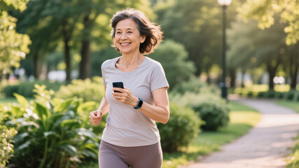 Confident mature woman exercising with a fitness tracker in the park, representing healthy lifestyle and cardiovascular care in perimenopause