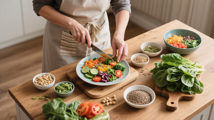 Mature woman preparing colorful anti-inflammatory meal with soy, flaxseeds, and leafy greens – natural hormone balancing diet during perimenopause