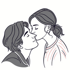 Minimalistic line drawing of a couple sharing a gentle kiss, portraying emotional depth and romantic intimacy.