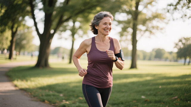 Realistic portrait of a smiling woman in her late 40s walking in the park with a fitness tracker, promoting heart health during perimenopause