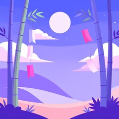 Full moon and tanzaku hanging on bamboo in night sky fantasy landscape for Japanese festival scene