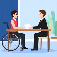 Job interview with man in wheelchair and recruiter at office table promoting workplace inclusion