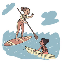 Colorful cartoon of a couple surfing together, capturing energy, excitement, and bonding through action and love.