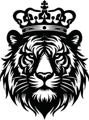 king tiger head , crown tiger head, Crown tiger head black and white illustration