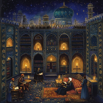 Royal Deccan Miniature Painting &ndash; Night Library Scene