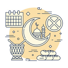 ramadan fasting symbols collection featuring calendar grid, mosque in crescent, drum, bread plate, and abstaining sign in modern vector style