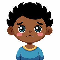 Obraz premium sad dark skin boy, crying black boy, tearful child, upset boy, emotional boy, African American boy, dark skin kid, cartoon boy, child character, boy portrait, white background, flat design, boy avatar