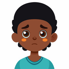 Obraz premium sad dark skin boy, crying black boy, tearful child, upset boy, emotional boy, African American boy, dark skin kid, cartoon boy, child character, boy portrait, white background, flat design, boy avatar