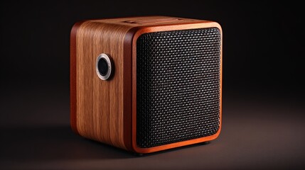 Wooden cube speaker, dark background, angled view