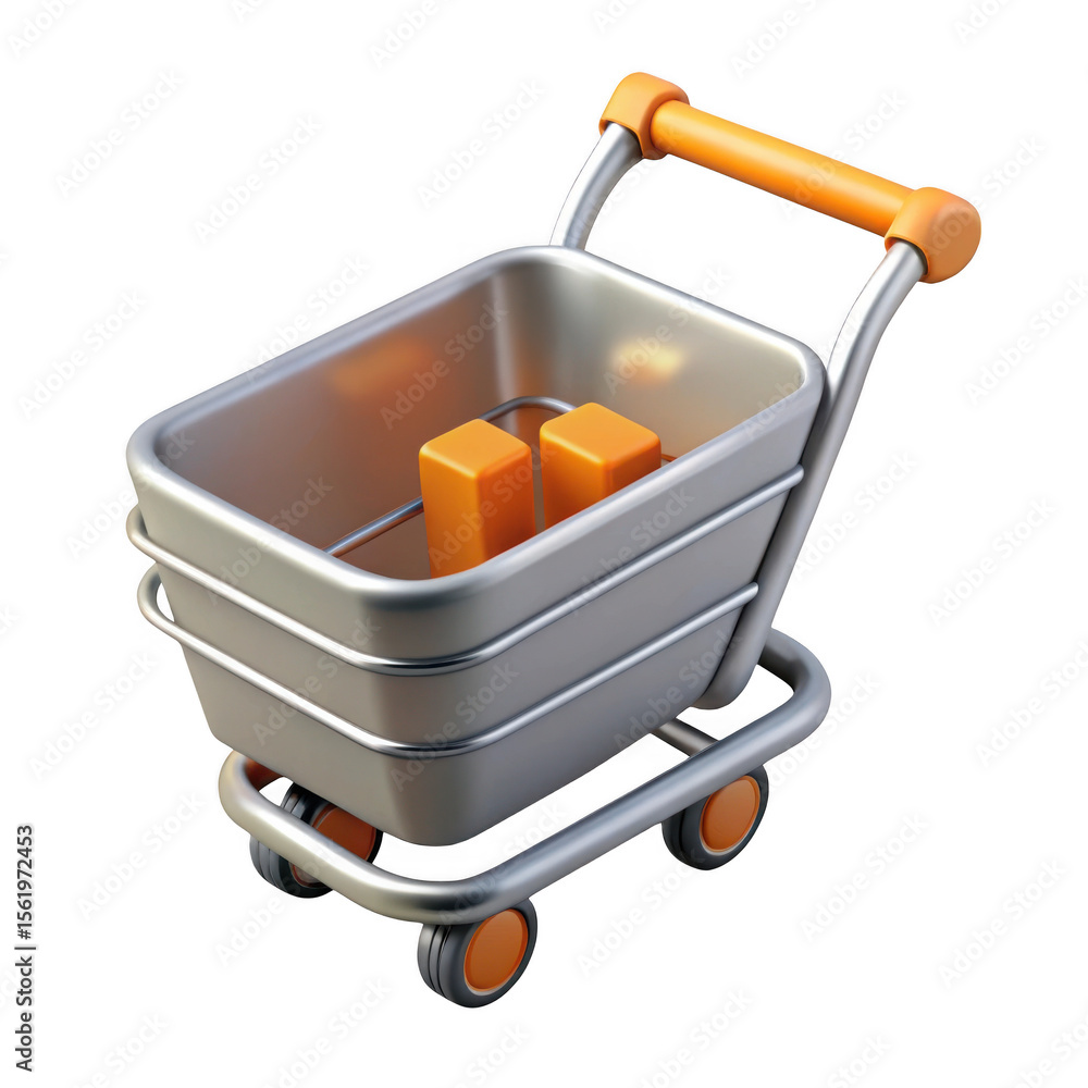 Poster 3d realistic shopping cart icon with orange boxes isolated on transparent background