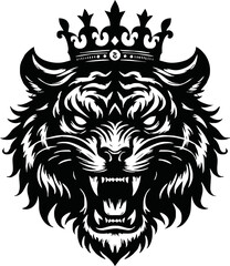 king tiger head , crown tiger head, Crown tiger head black and white illustration