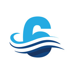 The image shows a flat logo design that depicts a number 6 in blue color combination with three wavy lines cut through the number like a wave that looks clan and modern on a white background