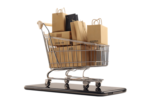 Shopping cart full of packages on a smartphone. E commerce, online shopping concept.