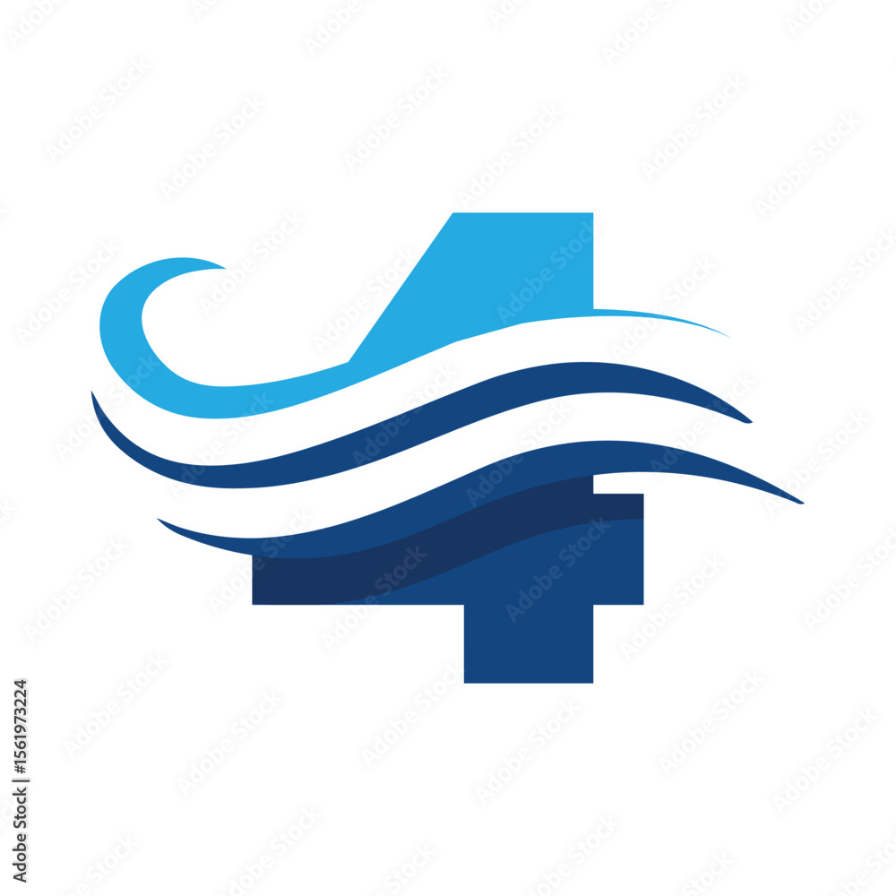 Poster The image shows a flat logo design that depicts a number 4 in blue color combination with three wavy lines cut through the number like a wave that looks clan and modern on a white background

