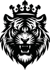 king tiger head , crown tiger head, Crown tiger head black and white illustration