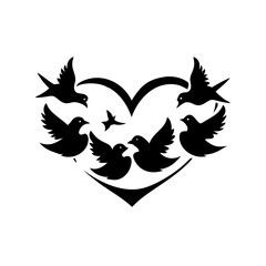 Silhouette heart shape with birds flying around it art