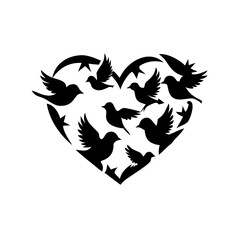 Heart shape filled with black bird silhouettes flying