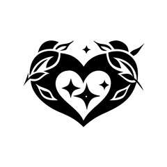 Stylized heart with birds and stars in black and white