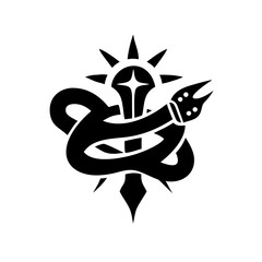 Stylized caduceus symbol with snake and starburst design