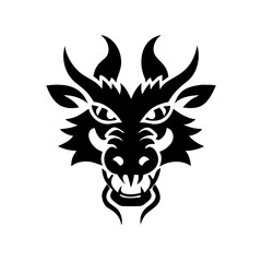 Illustration of a black dragon head with sharp horns