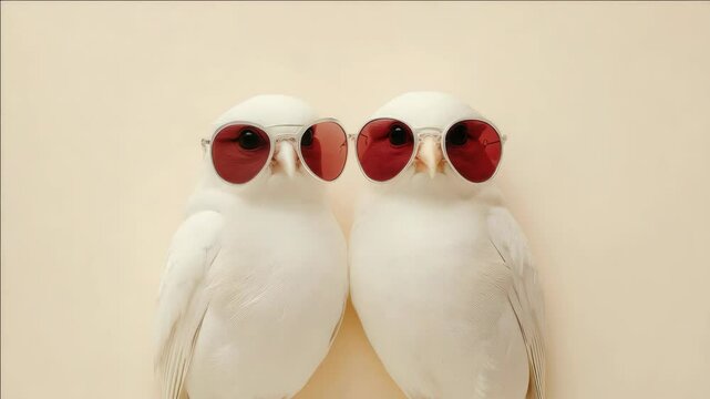 Two adorable parakeets posing for a  while wearing matching sunglasses. A whimsical  that showcases the lighthearted charm of these pet birds.