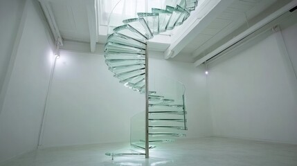 Fototapeta premium Modern glass spiral staircase in minimalist space