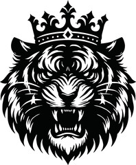 king tiger head , crown tiger head, Crown tiger head black and white illustration