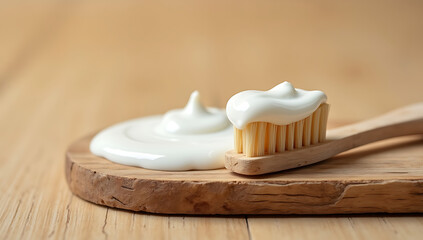 A toothbrush lying on a round wooden board with a generous amount of white toothpaste spread around it, captured in sharp HD and 4K resolution.