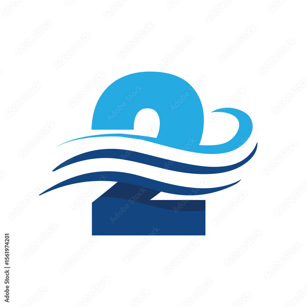 Poster The image shows a flat logo design that depicts a number 2 in blue color combination with three wavy lines cut through the number like a wave that looks clan and modern on a white background