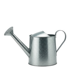 Metal watering can in a simple design with a shiny finish  isolate