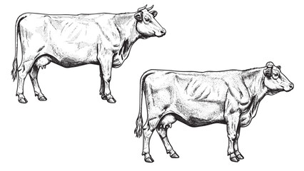 Dairy cow in detailed vintage engraving style standing