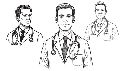 Doctor in lab coat with stethoscope in classic engraved illustration style