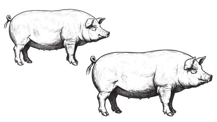 Farm pig drawn in bold engraving line style with vintage rustic appearance