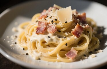 Spaghetti carbonara with pancetta and parmesan, close-up pasta photo for Italian food ads and restaurant menus