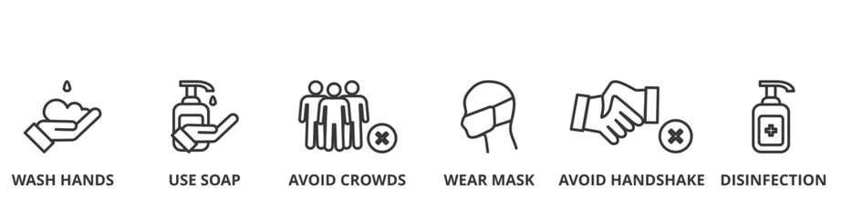 Prevention banner  concept illustration with icon of wash hands, use soap, avoid crowds, wear mask, avoid handshake and disinfection
