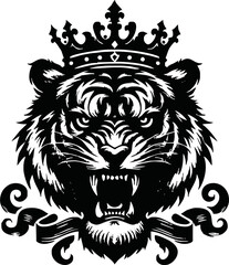 king tiger head , crown tiger head, Crown tiger head black and white illustration