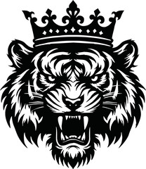 king tiger head , crown tiger head, Crown tiger head black and white illustration