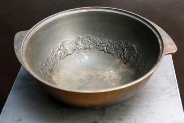 Damaged Interior of a Pot: Peeling Cracking and Bubbling of Non-Stick Coating Revealed.