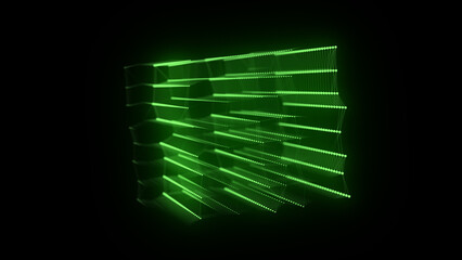 Abstract wireframe cube with connection dots and lines. Digital blockchain concept and data transfer system. Storage cells of data. 3d rendering