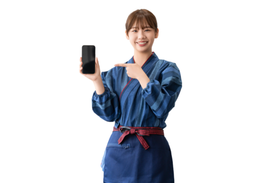 スマートフォンを指差す居酒屋スタッフの若い女性（背景透過PNG）