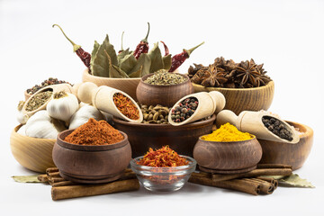 Condiments and spices, coffee close-up isolated on white background.