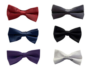 Set of six colorful bow ties isolated on white background. Includes red, gray, black, navy blue,...