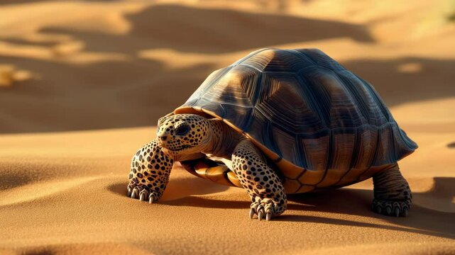 Desert tortoise with leopard pattern, traversing sand dune.