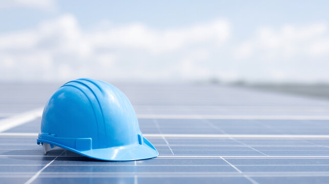 Blue safety helmet on solar panel with cloudy sky background, symbolizing renewable energy and construction safety awareness