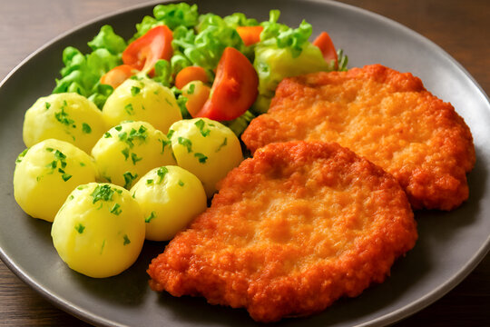 Tradycyjny obiad &ndash; kotlet schabowy z ziemniakami i sałatką